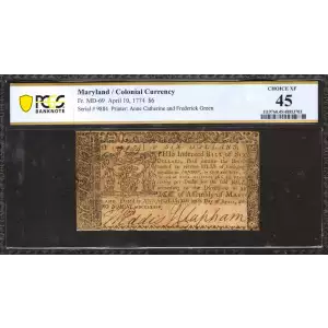 $6 (27s) April 10, 1774  COLONIAL CURRENCY MD-69