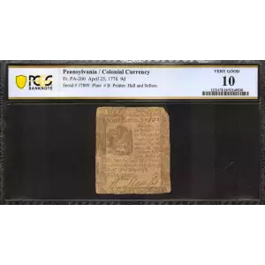9d April 25, 1776  COLONIAL CURRENCY PA-200