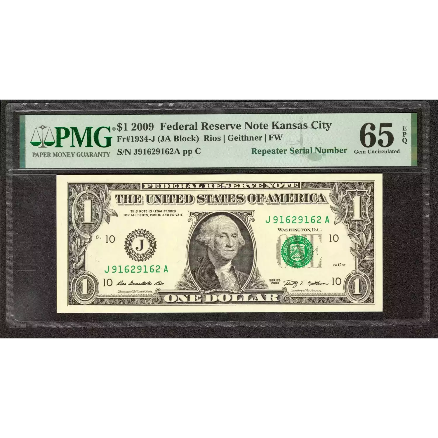 $1 2009 Green seal. Small Size $1 Federal Reserve Notes 1934-J ...
