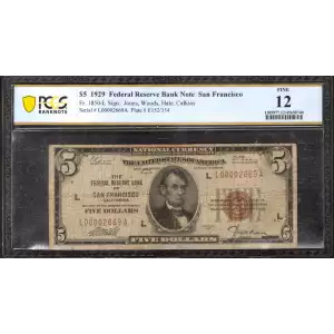 $5 1929 brown seal Small Federal Reserve Bank Notes 1850-L