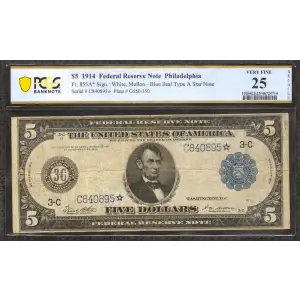 $5 1914 Blue Seal Federal Reserve Notes 855A*