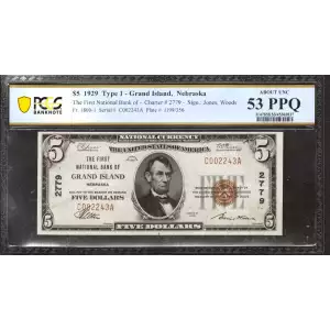 $5 1929 Small brown seal Small National Bank Notes 1800-1