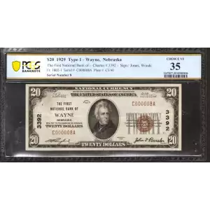$20 1929 small brown seal. Small National Bank Notes 1802-1