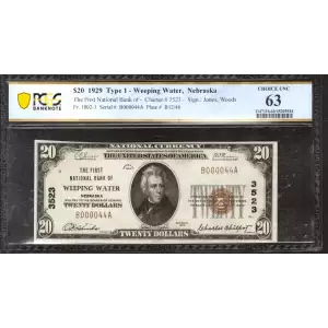 $20 1929 small brown seal. Small National Bank Notes 1802-1